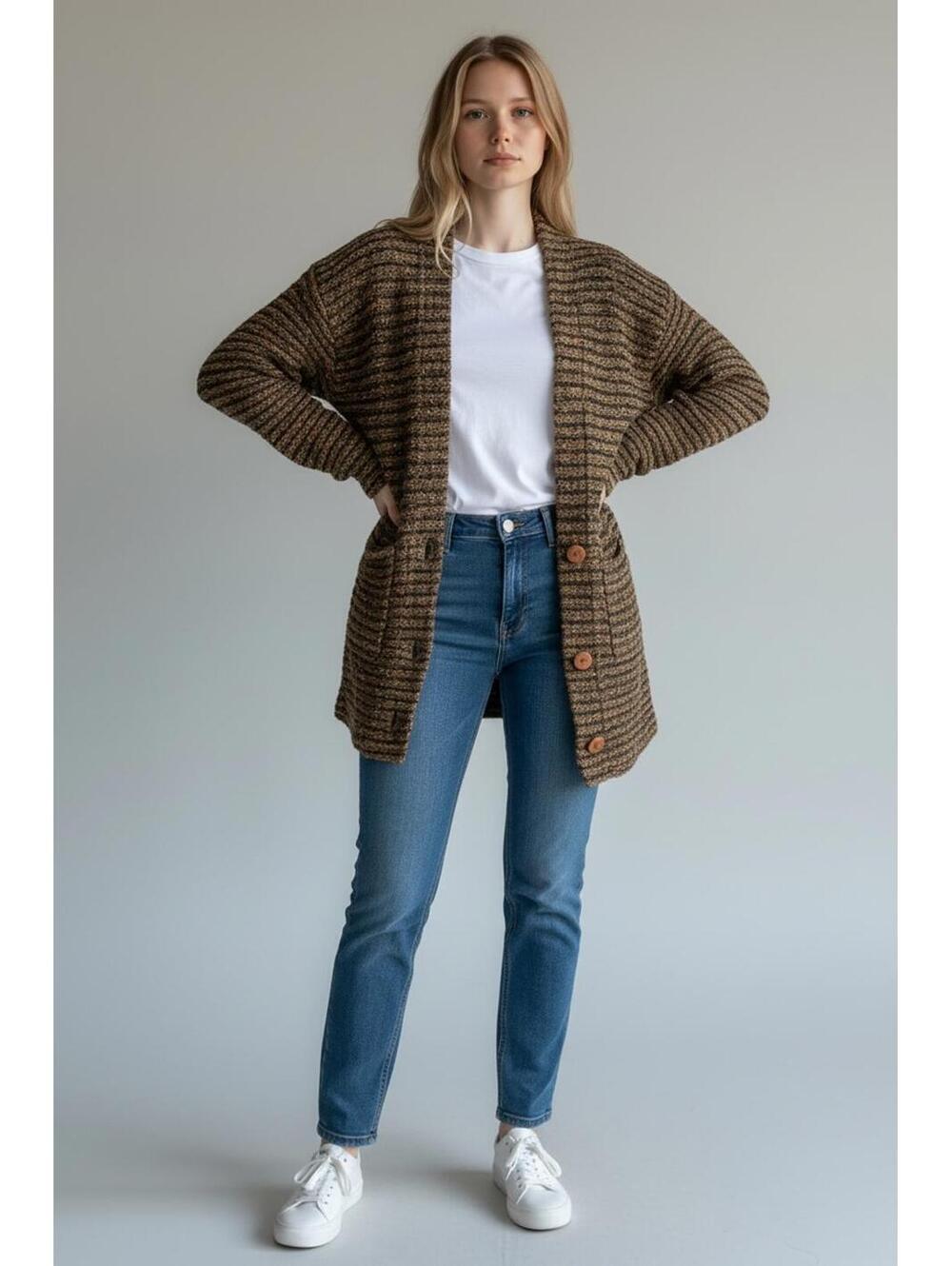 VTG JB Diffusion Speckled Slouchy Cardigan in an Olive Green Nubbly Knit, Size M